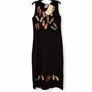 Michael Simon Black Maxi Dress with Colorful Flip-Flop Embroidery